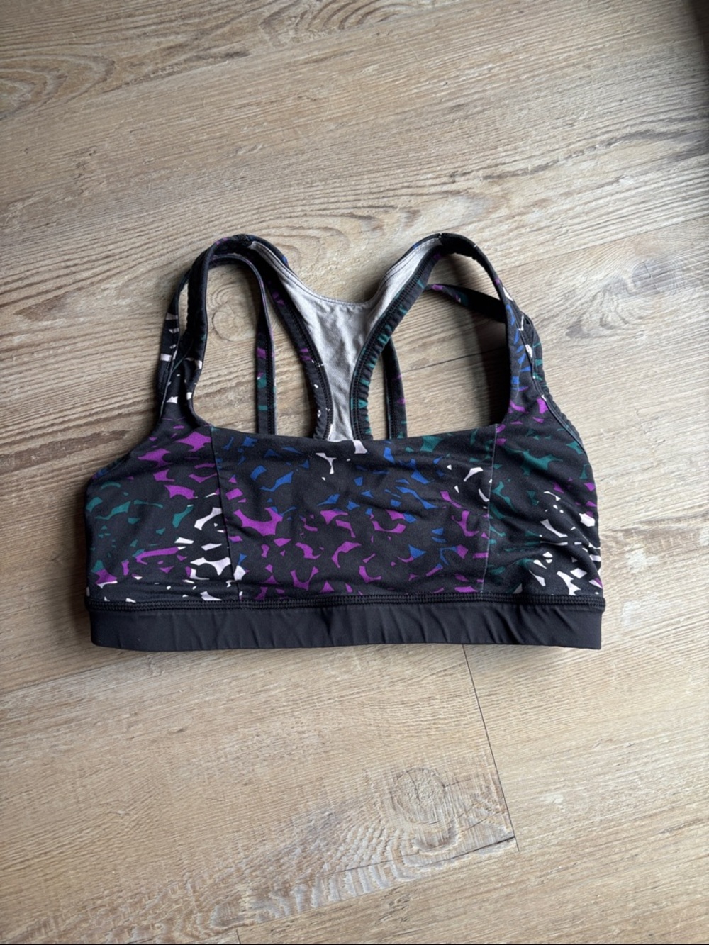 Black Sports Bra Top with Purple & Teal Accent Print